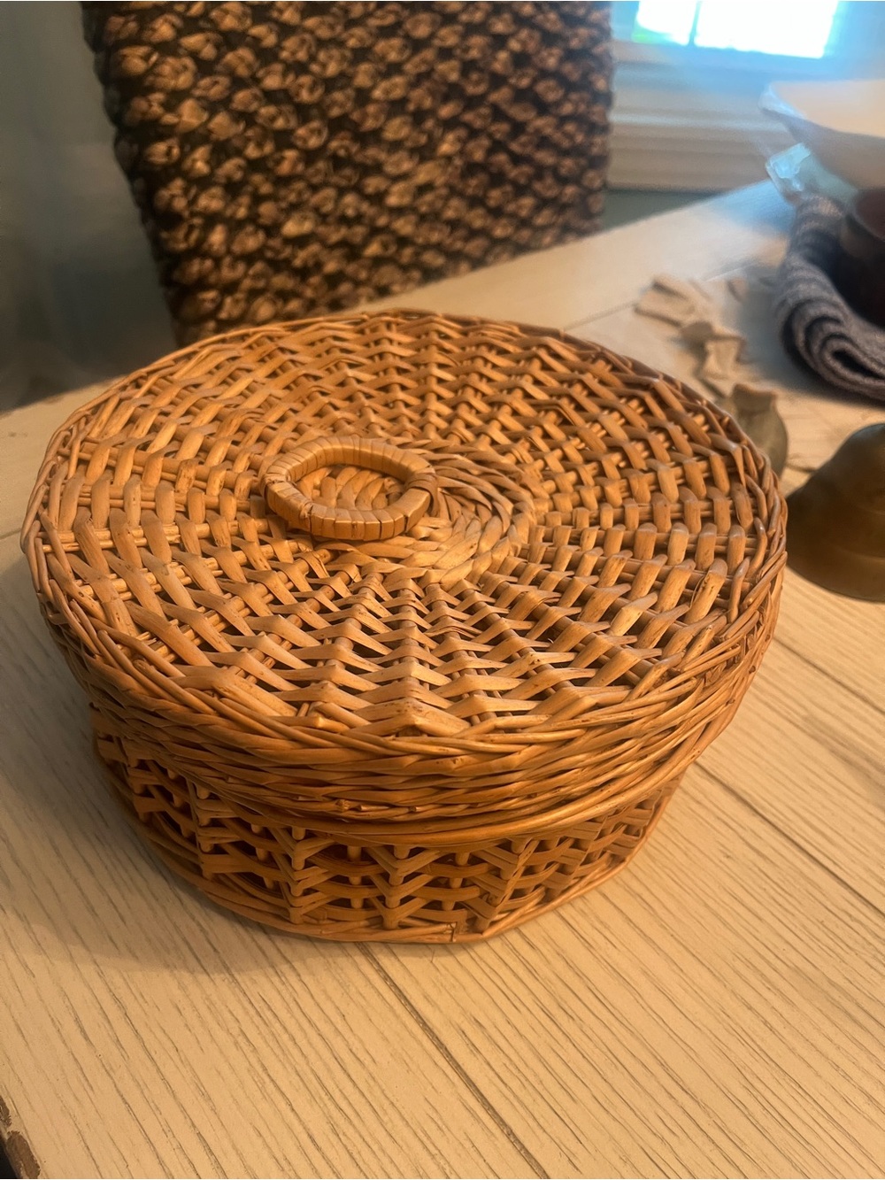 Vintage Woven Round Rattan Trinket Box with Lid